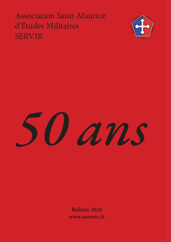 Couverture du bulletin 2024 de l'ASMEM. Le texte "50 ans" figure en noir sur la couverture rouge-